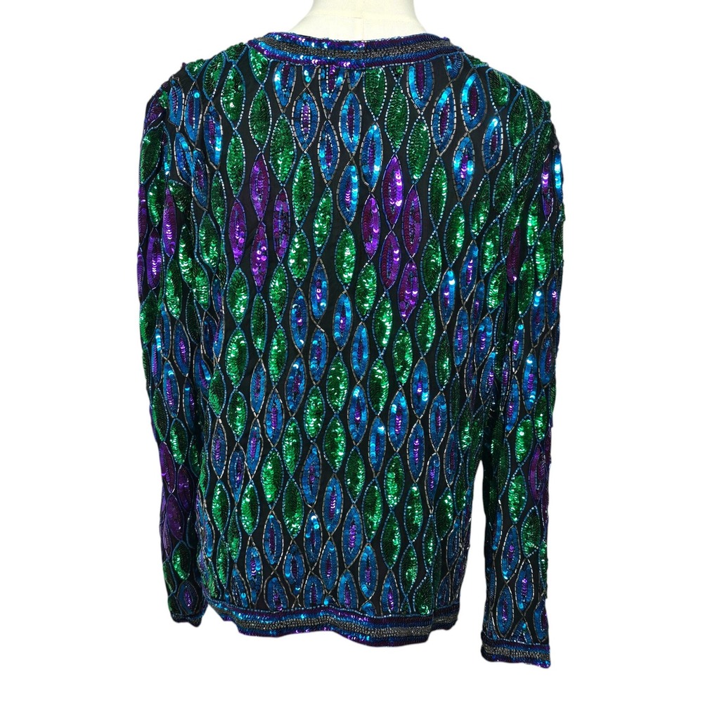 Laurence Kazar Vintage Beaded Sequin Silk Jacket XL Green Blue Purple Evening - Picture 2 of 11